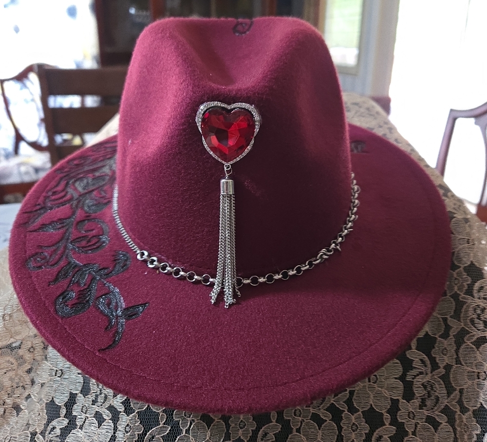 Elegant Burgundy Fedora with Heart Accent